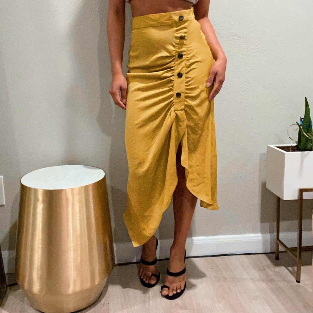 Beautiful Mustard Yellow Satin Midi Skirt